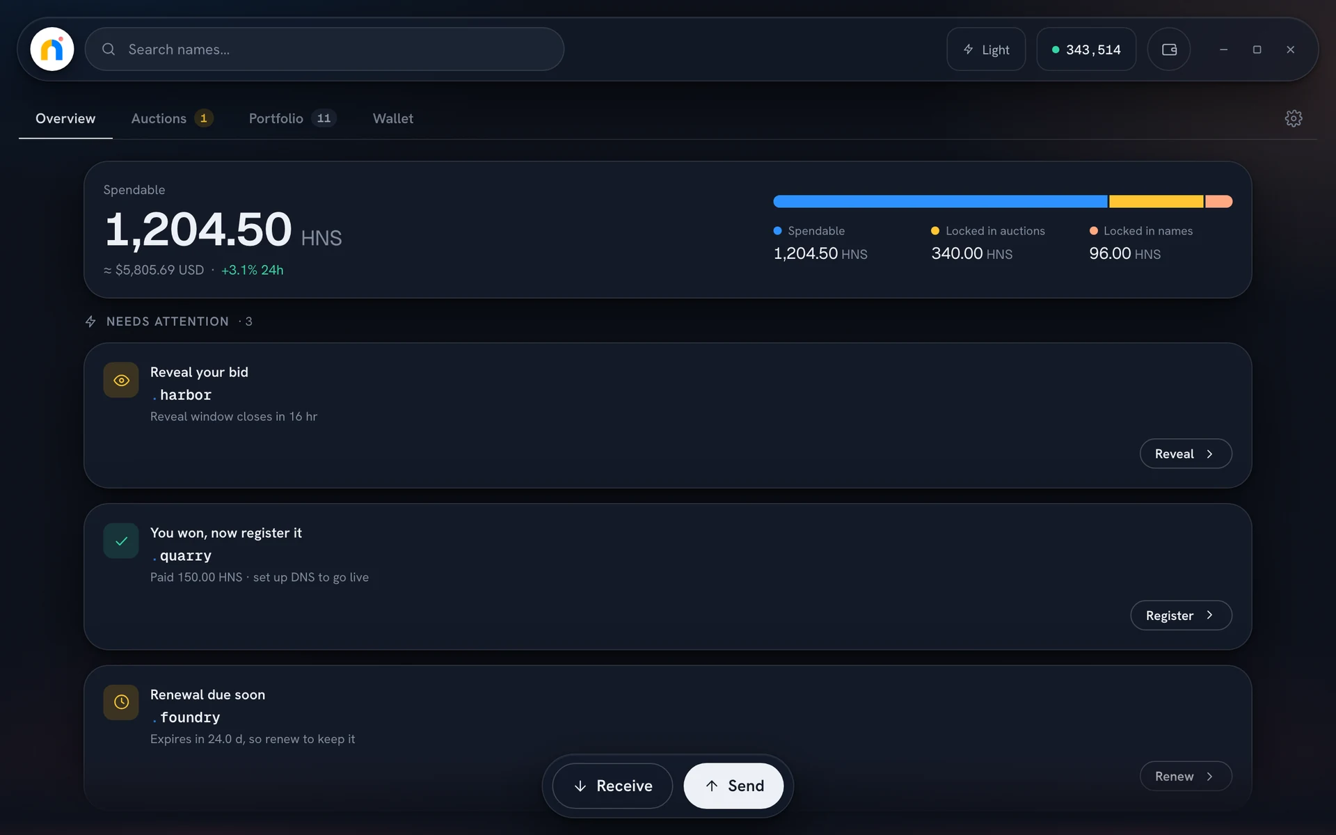 Namebase Wallet on a desktop: balance, names needing attention, and live auctions