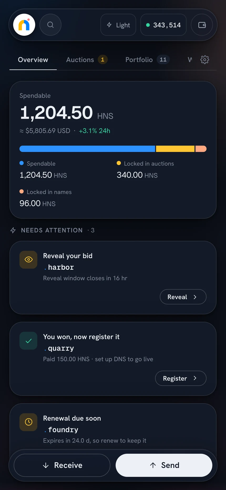 Namebase Wallet on a phone: balance and names needing attention